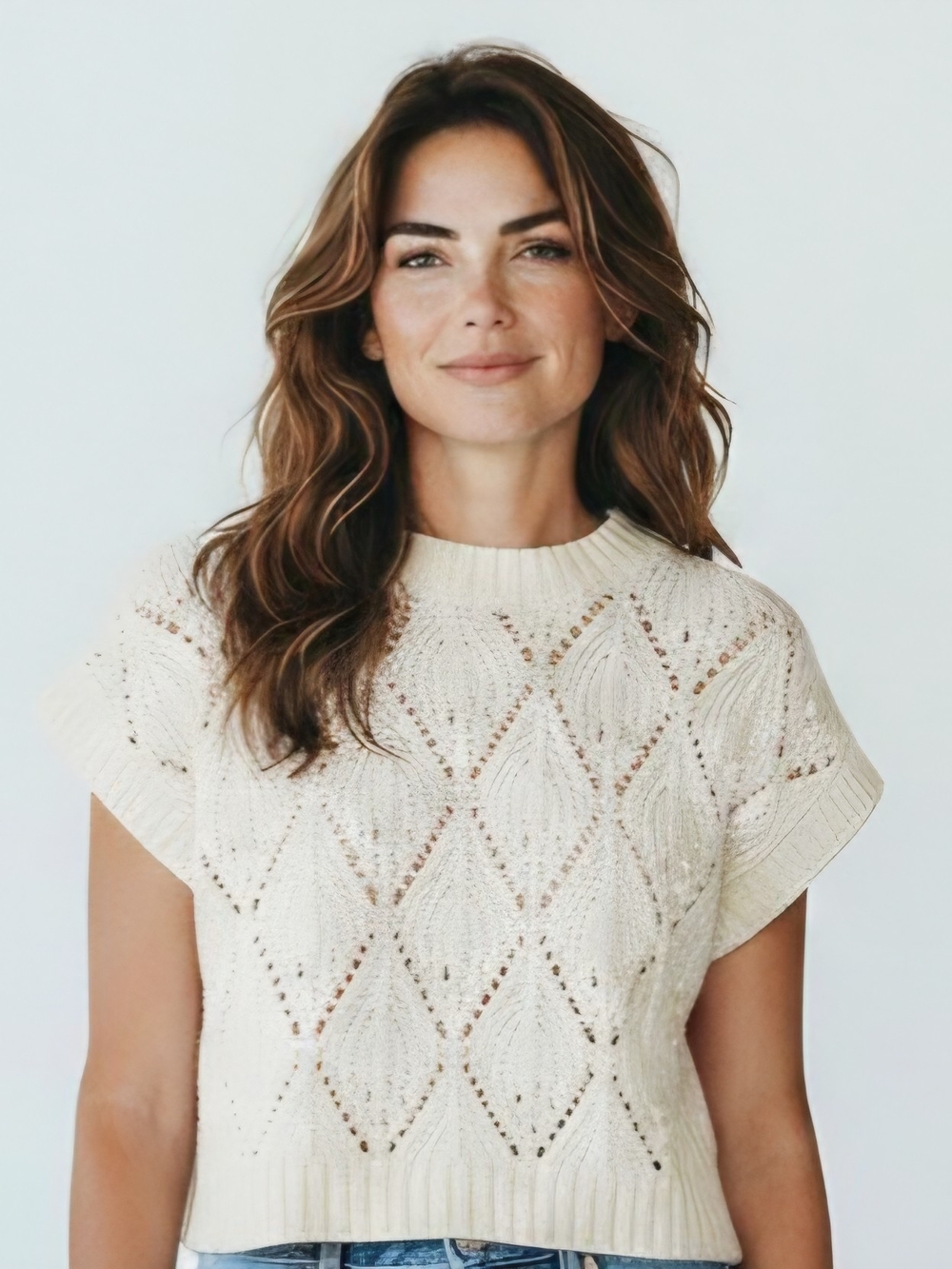 Ophelia Roe Cream Open Knit Short Sleeve Sweater XL